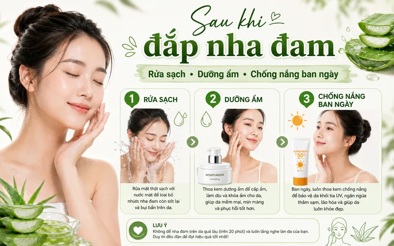 Sau khi đắp nha đam, nên rửa sạch, dưỡng ẩm và sử dụng kem chống nắng vào ban ngày