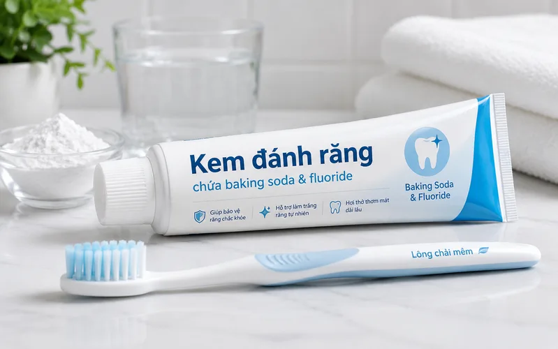 Ưu tiên kem đánh răng chứa baking soda và fluoride là lựa chọn hợp lý hơn so với việc tự chà mạnh bột baking soda nguyên chất lên răng.