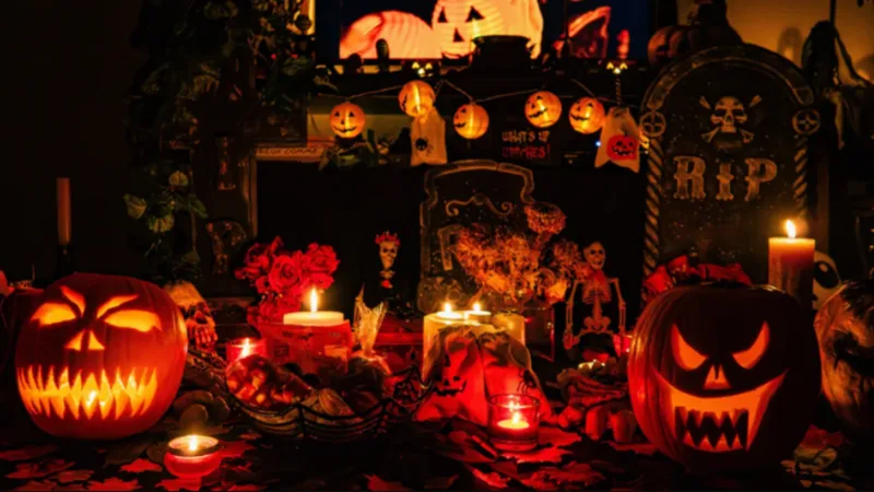Bí ngô được khoét mắt, mũi, miệng và đặt đèn bên trong để tạo thành Jack-o’-lantern phát sáng.
