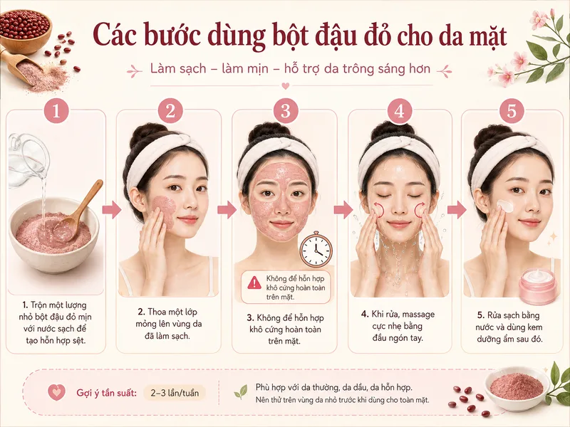 Cách làm trắng da bằng bột đậu đỏ nên hướng đến làm sạch và làm mịn da, sử dụng lượng nhỏ và thao tác thật nhẹ nhàng.