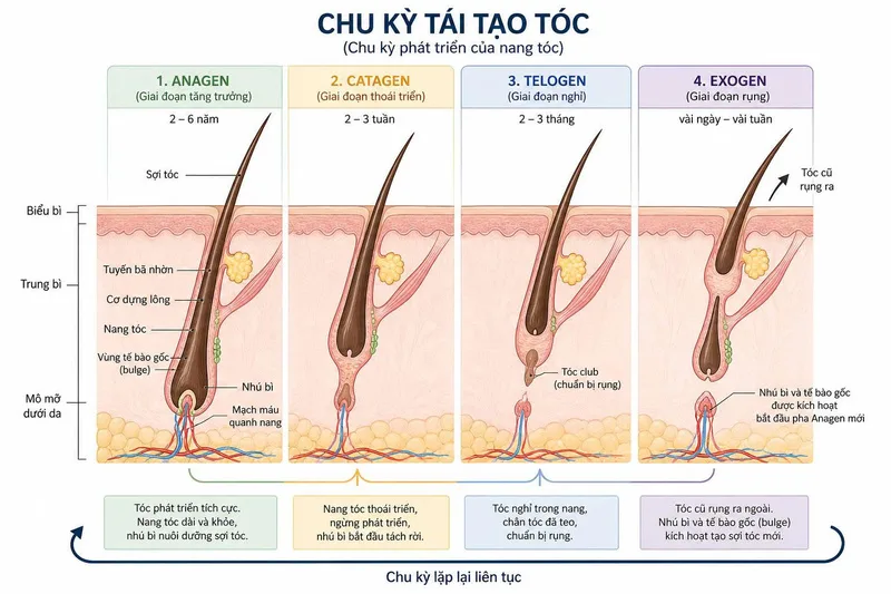 Chu kỳ mọc tóc gồm giai đoạn phát triển, nghỉ và rụng tự nhiên của nang tóc