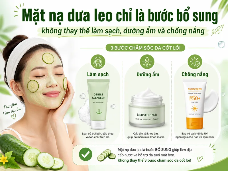 Mặt nạ dưa leo chỉ là bước bổ sung, không thay thế làm sạch, dưỡng ẩm và chống nắng