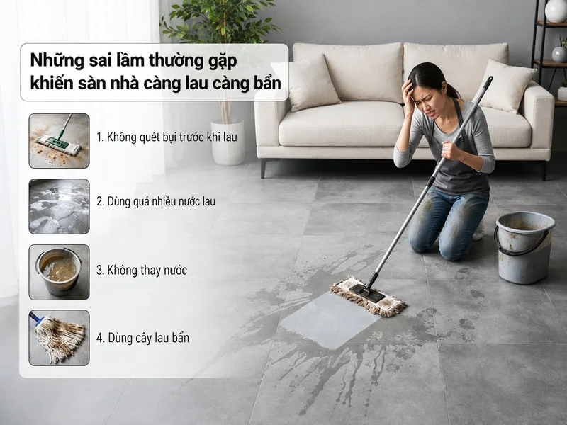 Không hút bụi, dùng nước bẩn hoặc cho quá nhiều dung dịch là những lỗi khiến sàn nhanh bám bẩn dù lau thường xuyên.