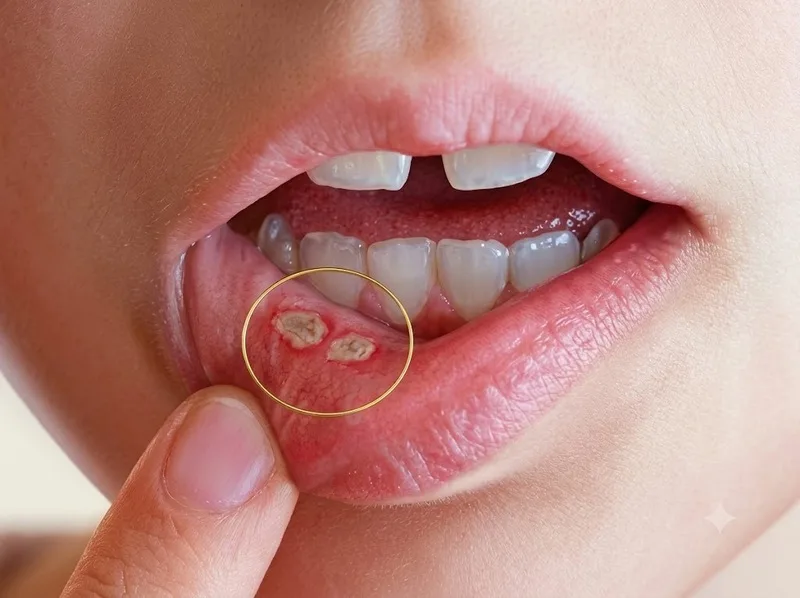 Nhiệt miệng thường là vết loét nhỏ có trung tâm trắng và viền đỏ